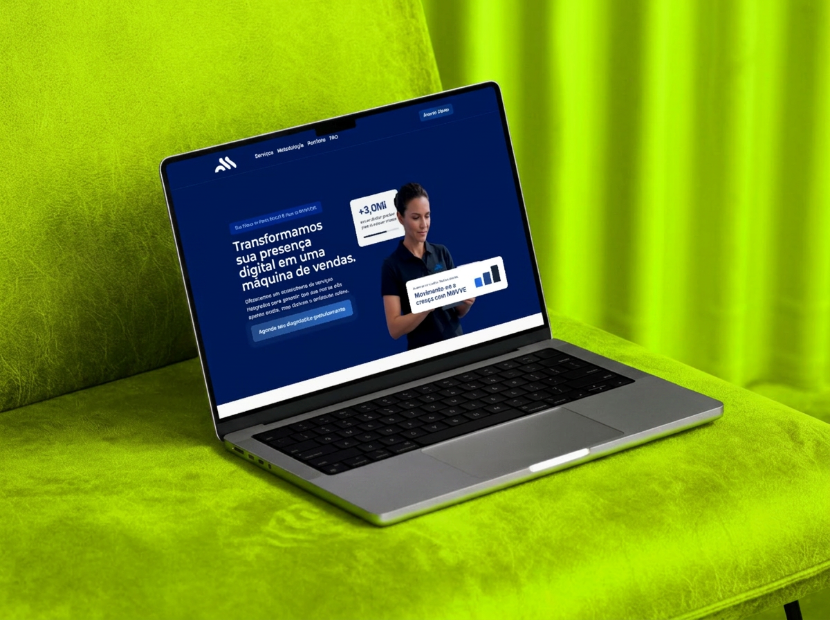 Mockup do site da Agência Movve exibido em notebook sobre fundo verde.