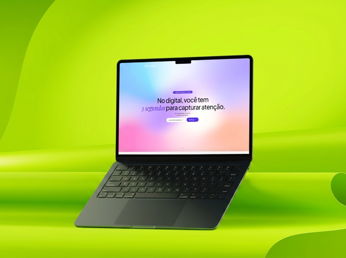 Mockup da landing page Virelli Studio exibida em notebook sobre fundo verde.